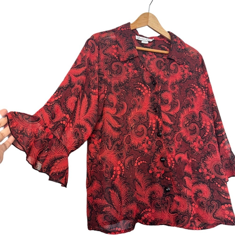 VTG Gloria Lance Sheer Sparkle Paisley Flare Sleeve Disco 70s Red Blouse Top 1X